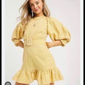 ASOS Yellow Puff-Sleeve Mini Dress embroidered eyelet with Belt lace back Euc 0
